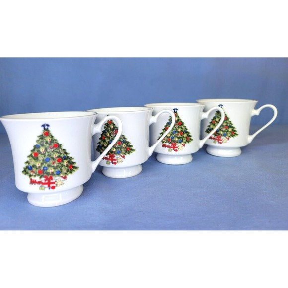 Christmas Tree Tea Coffee Mugs Gold Trim 4 Cups SEA GULL Fine China - Picture 6 of 6